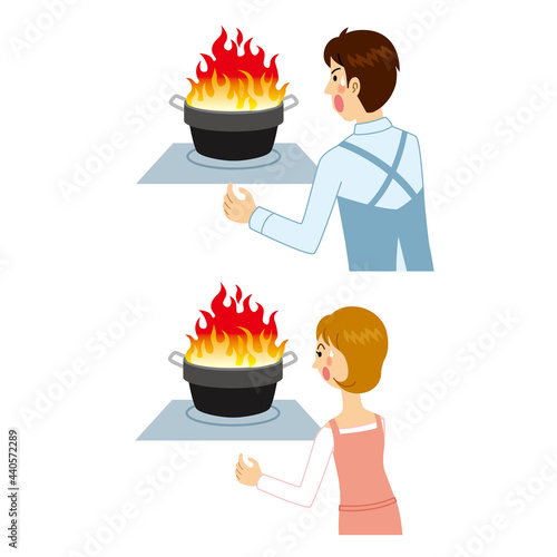天ぷら鍋が火事になって焦る男女