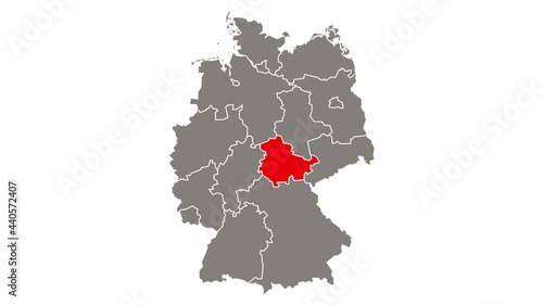 Thuringia federal state blinking red highlighted in map of Germany