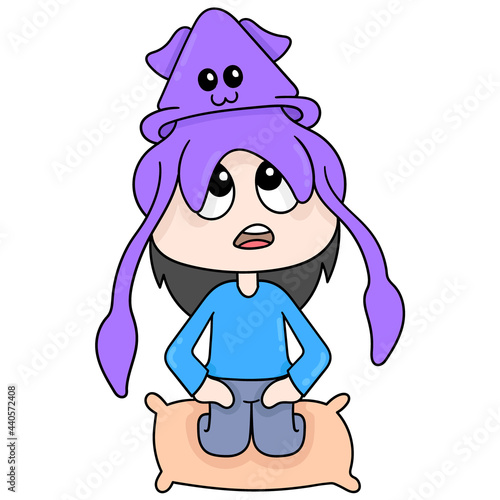 cute squid is on top of a sitting human head, doodle icon image kawaii