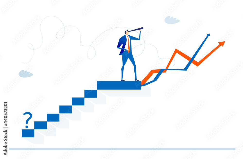 Businessman climbing up stairs and looking for the new business opportunities and professional growth. Business concept illustration Businessman climbing up stairs and looking for the new business opportunities and professional growth. Business concept illustration