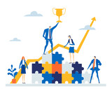 Business man holds golden trophy up and stands at the wall made of puzzle pieses, as symbol of finding solution. Business concept illustration