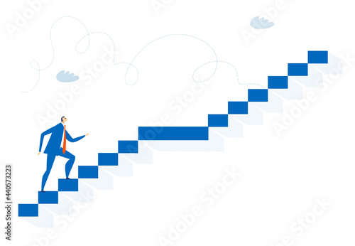 Businessman climbing up stairs and looking for the new business opportunities and professional growth. Business concept illustration