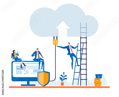 Businessman and the cloud. Work online, technology and internet security concept. Business illustration