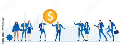 Business people, bankers talking and produssing money, golden coins, dollars. Business concept illustration