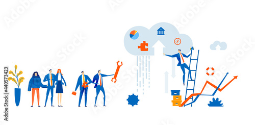 Businessman and the cloud. Work online, technology and internet security concept. Business illustration