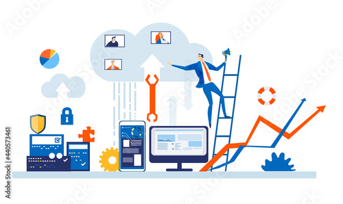 Businessman and the cloud. Work online, technology and internet security concept. Business illustration