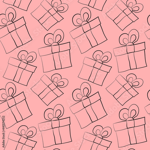 Seamless vector pattern with outline pink gift box