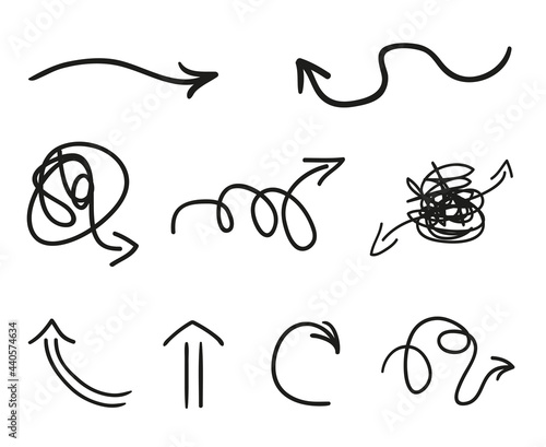 Black infographic elements on isolated white background. Hand drawn wavy arrows. Set of different pointers. Abstract indicators. Black and white illustration