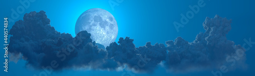 panorama of night clouds with moon , computer generated nature 3D rendering