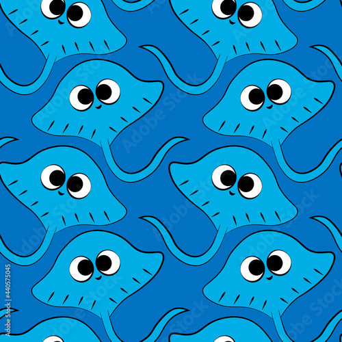 Seamless vector pattern with outline blue cute stingray