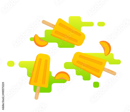 Delicious juicy ice cream. Fruit ice. Fruit ice and fruit slices. Vector icons of ice cream.Vector illustration. Color orange.