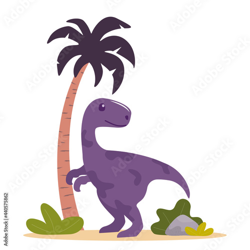 Cute dinosaur, palm and plants. Prehistoric jurrasic period wild fauna. Vector illustration in flat style.