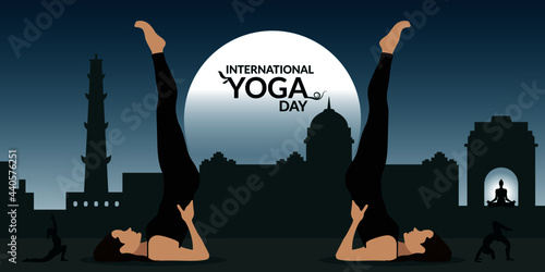 International Yoga Day Illustration with Woman Yoga Silhouette body postures. Fitness girl doing yoga for fitness and wellness. Vector Graphic.