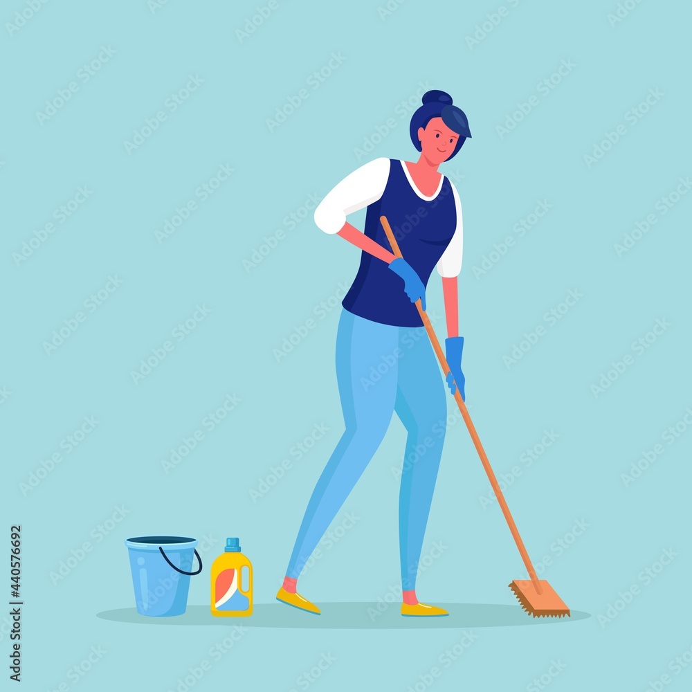 Woman in gloves washing floor. Girl using mop, detergent to clean housework. Housewife doing chores. Vector illustration Woman in gloves washing floor. Girl using mop, detergent to clean housework. Housewife doing chores. Vector illustration