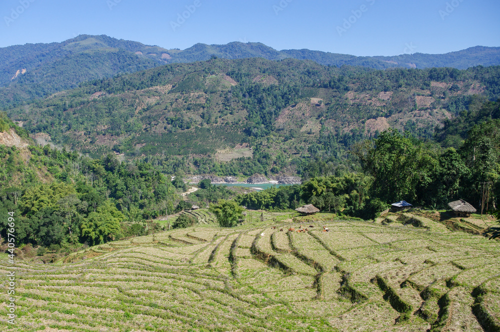 Scenic landscape panorama of the Siyom or Siang river valley, with rice terraces in foreground and evidence of slash and burn agriculture, Arunachal Pradesh, India