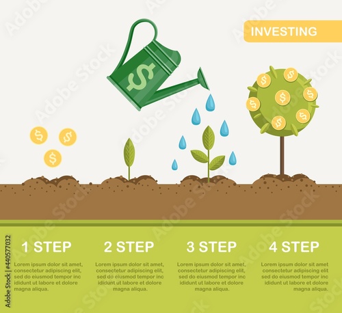 Watering can water money tree. Investment, financial management. Stage of increase profit, wealth. Vector design