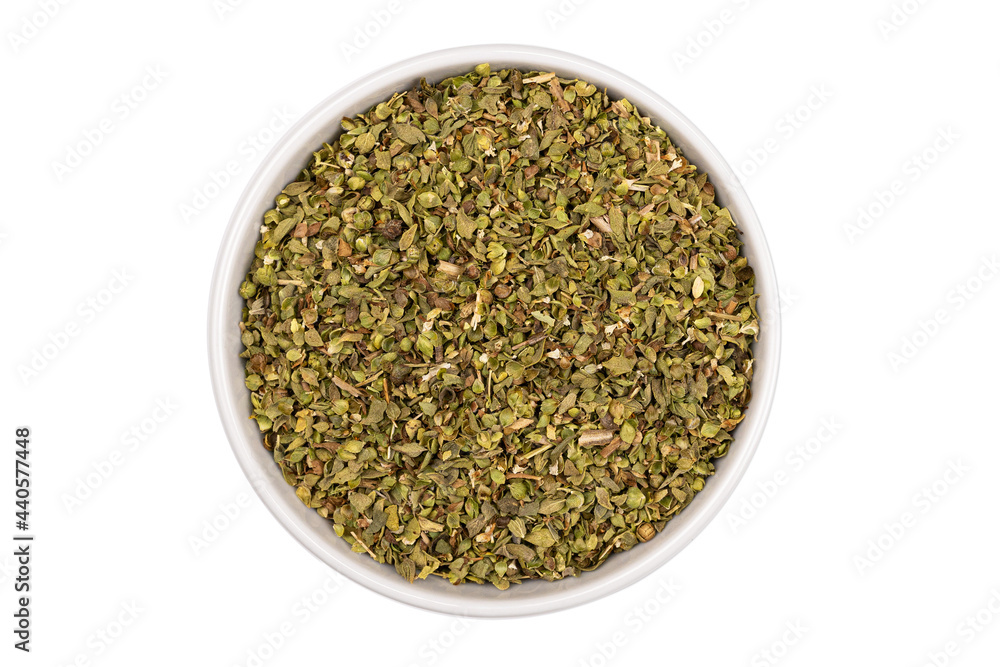 thyme seasoning spice in bowl on white background thyme seasoning spice in bowl on white background
