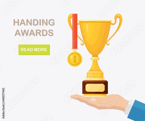 Trophy cup with medal in hand. Gold goblet on white background. Awards for winner, champion. Concept of victory, award, championship. Vector illustration