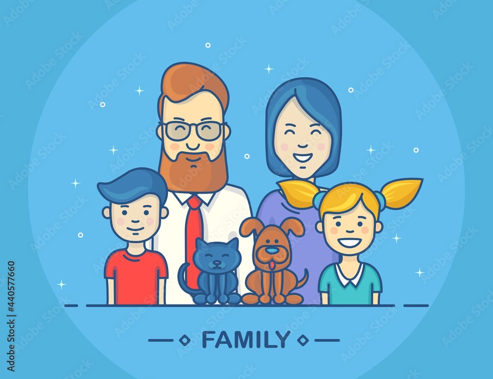 Funny family. Mother, father, brother and sister, dog and cat. Vector illustration