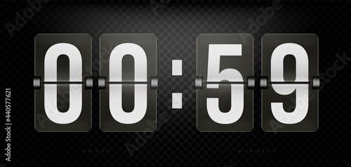 Split-flap flip counter, retro scoreboard with numerals. Retro clock, number counter, time countdown flip scoreboard. Digits for hour and minute time remaining design vector illustration