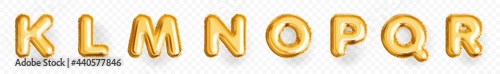 Inflatable english alphabet capital letter from K to R. Realistic three-dimensional set of floating golden toy balloon for greeting lettering. Vector illustration isolated on white background