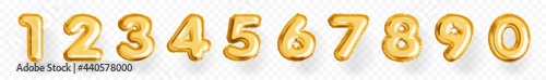 Metallic gold number balloon from zero to nine. Different numeral foil air filled ball vector illustration isolated on white background. Design element for festive party decoration