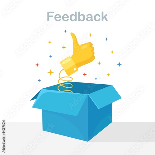 Opened cardboard, carton box with thumbs up. Isometric package, gift, surprise with confetti. Testimonials, feedback, customer review concept. Vector illustration