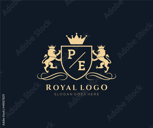 Initial PE Letter Lion Royal Luxury Heraldic,Crest Logo template in vector art for Restaurant, Royalty, Boutique, Cafe, Hotel, Heraldic, Jewelry, Fashion and other vector illustration.