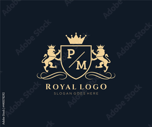Initial PM Letter Lion Royal Luxury Heraldic,Crest Logo template in vector art for Restaurant, Royalty, Boutique, Cafe, Hotel, Heraldic, Jewelry, Fashion and other vector illustration.