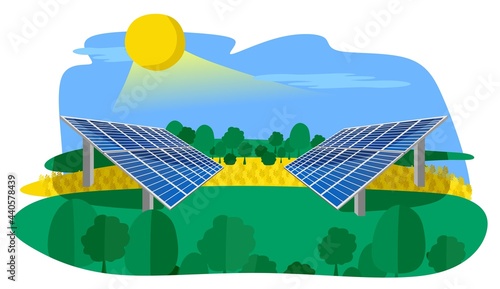Renewable energy sources with solar panels installed in the field. The concept of alternative clean energy. Vector flat illustration.