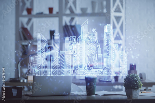 Multi exposure of town drawings and office interior background. Smart city concept. © peshkova