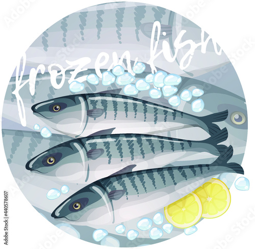 Frozen mackerel fish illustration. Cartoon vector fresh seafood icon on gray gradient background