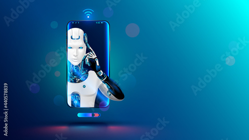 Artificial intelligence in phone. Mobile online chat bot in smartphone. Cyborg or robot with AI look out of screen phone. Chatbot, internet helper, virtual support of web services. Technology concept.