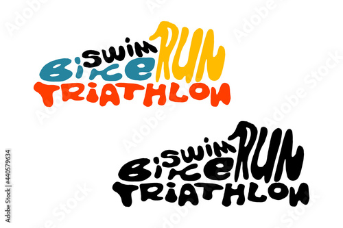 Swim Bike Run Design.create a colorful poster written in letters inside a sports sneaker.The font is hand-drawn. Competitions and a marathon. An outdoor adventure. vector