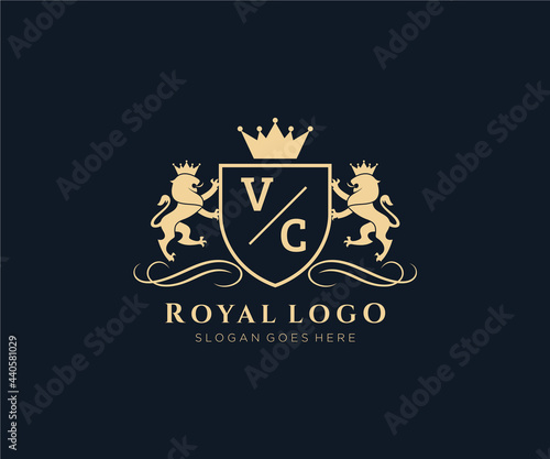 Initial VC Letter Lion Royal Luxury Heraldic,Crest Logo template in vector art for Restaurant, Royalty, Boutique, Cafe, Hotel, Heraldic, Jewelry, Fashion and other vector illustration.