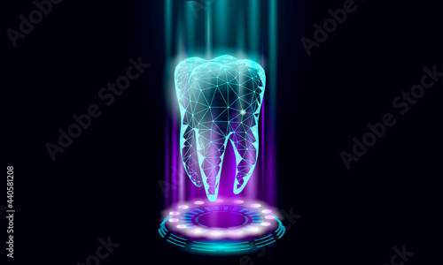 Low poly tooth protection medical concept. Whitening toothpaste enamel reconstruction healthcare. Polygonal healthy dentistry procedure glowing circle around tooth vector illustration