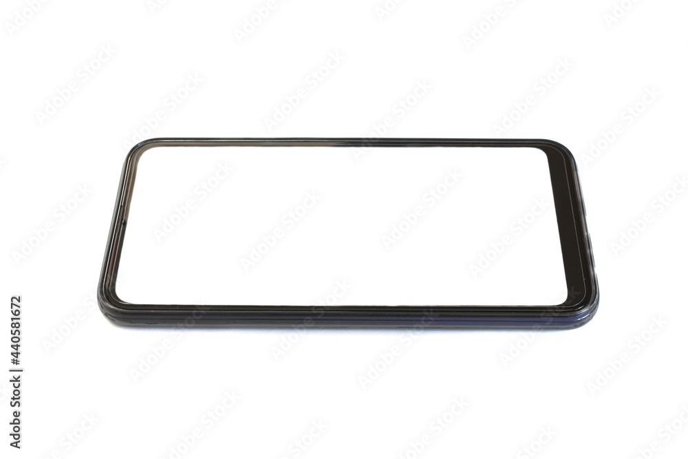 Black smartphone isolated on white background, blank white screen for mockup. Black smartphone isolated on white background, blank white screen for mockup.
