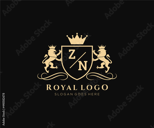 Initial ZN Letter Lion Royal Luxury Heraldic,Crest Logo template in vector art for Restaurant, Royalty, Boutique, Cafe, Hotel, Heraldic, Jewelry, Fashion and other vector illustration.