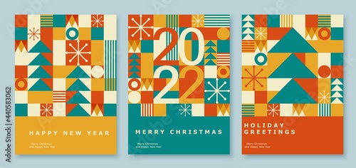 Happy 2022 New Year, Christmas abstract geometric card design.