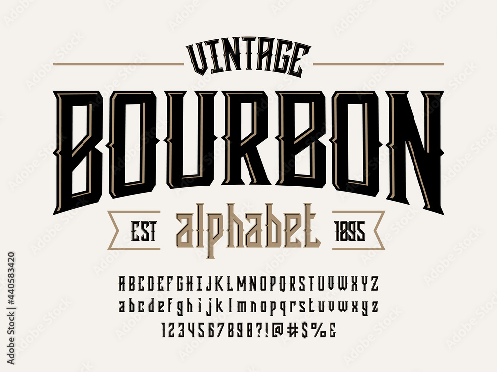 Vintage whiskey and bourbon label style alphabet design with uppercase, lowercase, numbers and symbols - obrazy, fototapety, plakaty 
