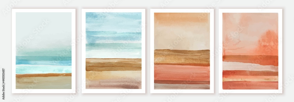 Abstract wall art watercolor compositions. Soft watercolor gradient. Landscape, seashore, sea, blue sky.