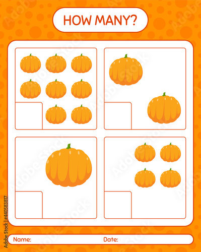 How many counting game with pumpkin. worksheet for preschool kids, kids activity sheet, printable worksheet