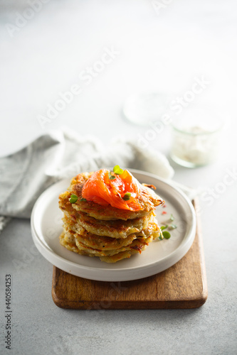 Homemade potato pancakes with smoked salmon photo