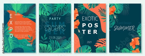 Exotic summer colorful backgrounds with tropic leaves, plants, hibiscus flowers.