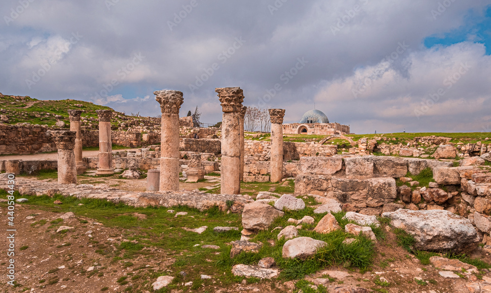 Amman Jordan, the building of the Byzantine church in the citadel in spring day