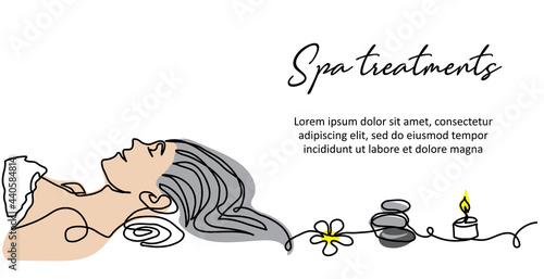 Spa background with lying womans head, stones, flower, candle, towel. Minimal vector banner, border, signboard, , poster. One continuous line art sketch for spa background