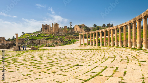 temple and pillared square on the ruins of the city of Jerash in Jordan photo
