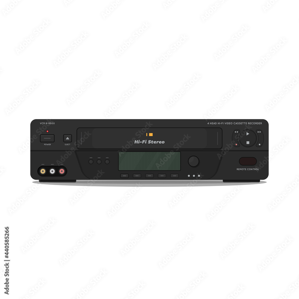VCR with hi-fi video and high quality video. 90s videocassette player and recorder. Realistic vector video player image. VHS cassette black player. VCR with hi-fi video and high quality video. 90s videocassette player and recorder. Realistic vector video player image. VHS cassette black player.
