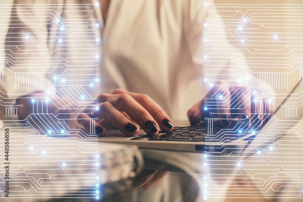 Double exposure of woman hands typing on computer and technology theme drawing. High Tech concept. Double exposure of woman hands typing on computer and technology theme drawing. High Tech concept.