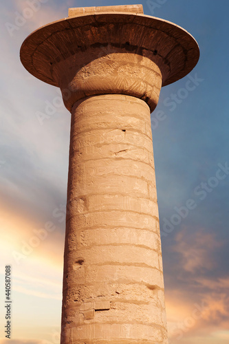 Karnak Temple, Colossal sculptures of ancient Egypt in the Nile Valley in Luxor, Embossed hieroglyphs on the wall.